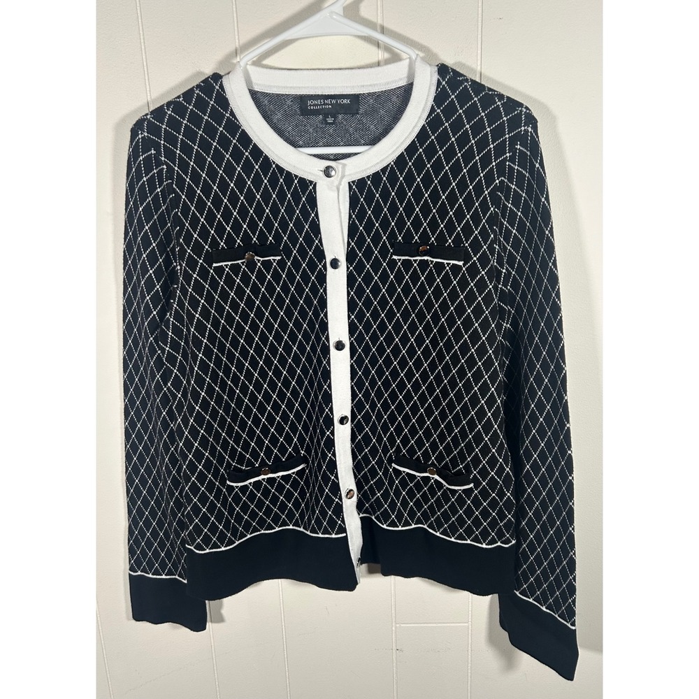 Jones New York Collection Black White Diamond Knit Button Cardigan Sweater L